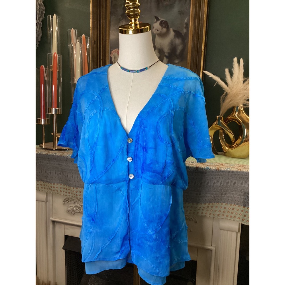 K Studio Collection Blue Textured Applique V-Neck Blouse Split Sleeve Size 16